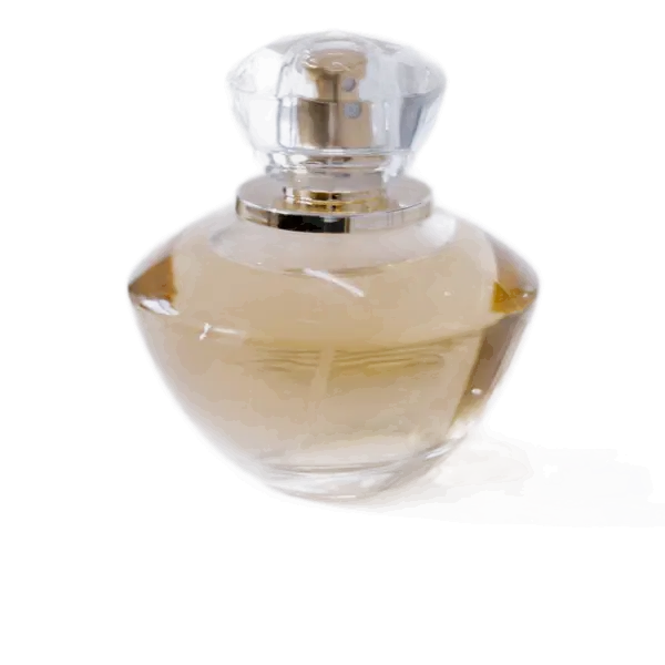 Glass perfume bottle on a white table with the background removed